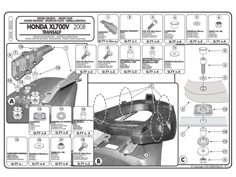 GIVI Monokey E Trägerplatte Honda XL 700 V Transalp (2008-)