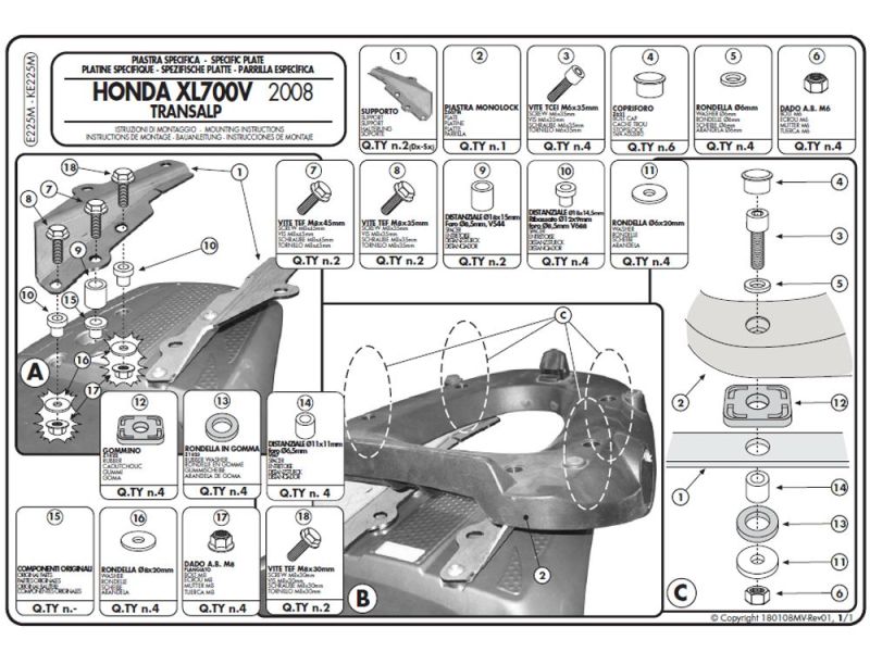 GIVI Monolock E Trägerplatte Honda XL 700 V Transalp (2008-)